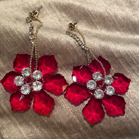 Austrian Crystal Red Floral Earrings NWTS - Picture 1 of 5